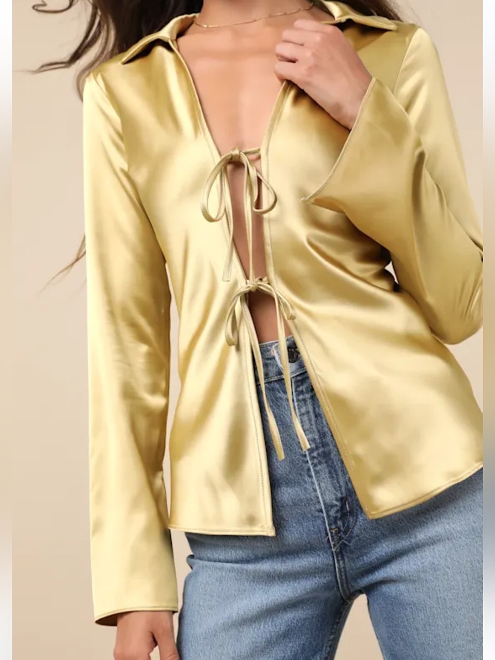 NWT Lulus Coveted Aesthetic Gold Tie-Front Long Sleeve Collared Top - Picture 3 of 9